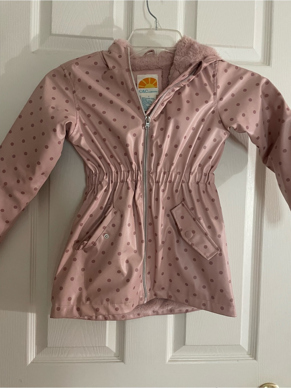 C&C California Blush Pink Polka Dot Hooded Raincoat with Fleece Lining
